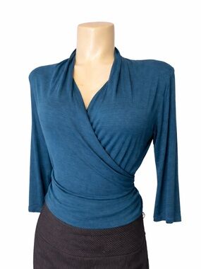 Teal Wrap Blouse Size M Draped V-Neck 3/4 Sleeve Stretch Top Elegant Workwear
